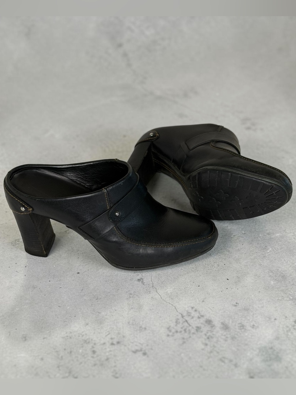 Vintage Cole Haan Black Leather Heeled Mules Clogs Block Heel Size 7B